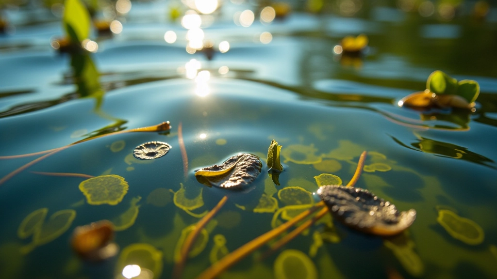 Agua clara de laguna con reflejos, algas y plantas acuáticas bajo la superficie