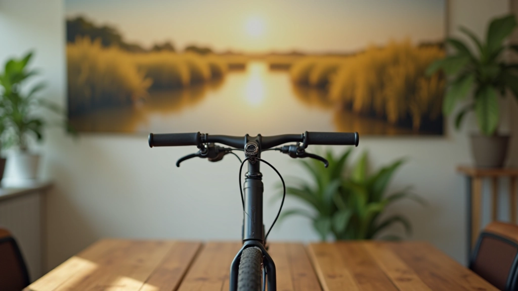 Detalle de una bicicleta con manillar ergonómico en primer plano, fondo con paisaje de humedal
