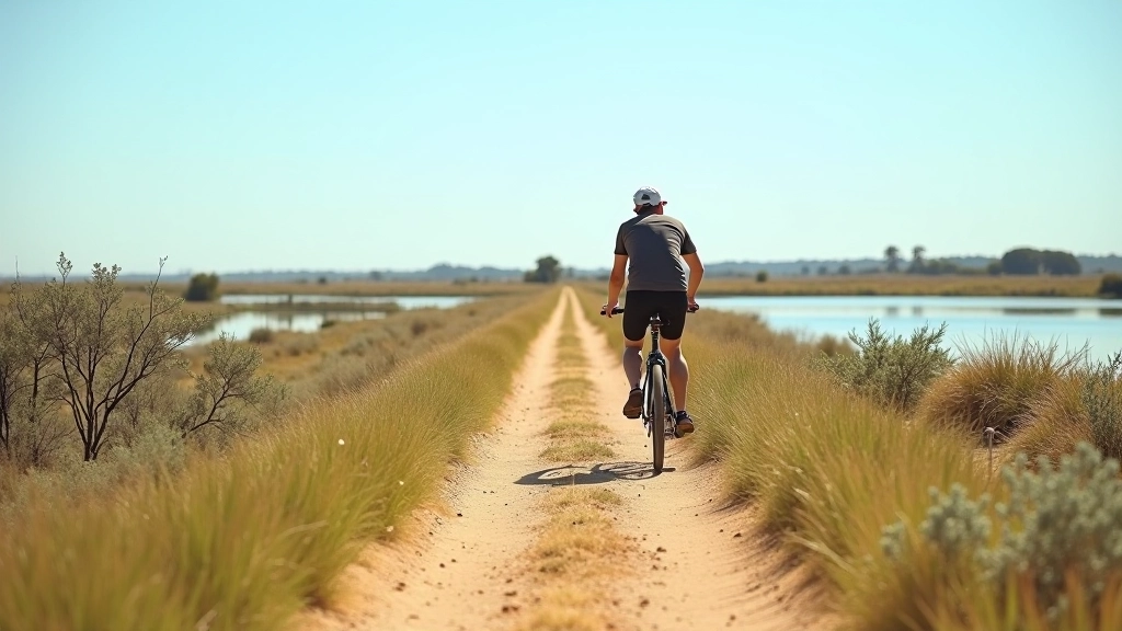 Camino rural bien señalizado bordeando una laguna con agua cristalina y vegetación acuática a ambos lados