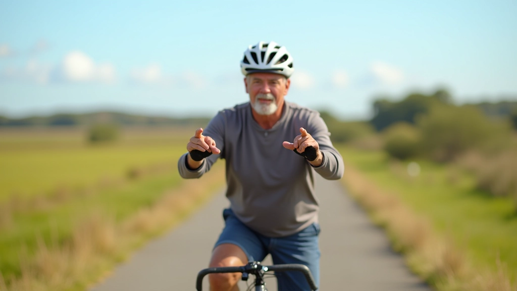 Ciclista usando señales de mano en una ruta plana de humedales, mostrando técnica correcta de seguridad