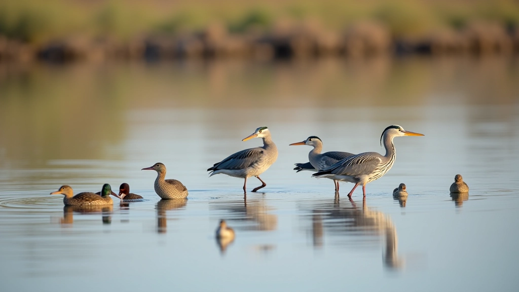 Garzas grises y patos en el agua, con reflejos en la laguna, ambiente natural