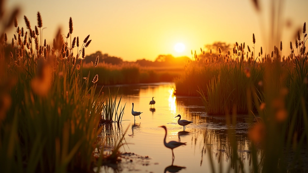 Paisaje de humedal con flora nativa, aves acuáticas y cielo al atardecer