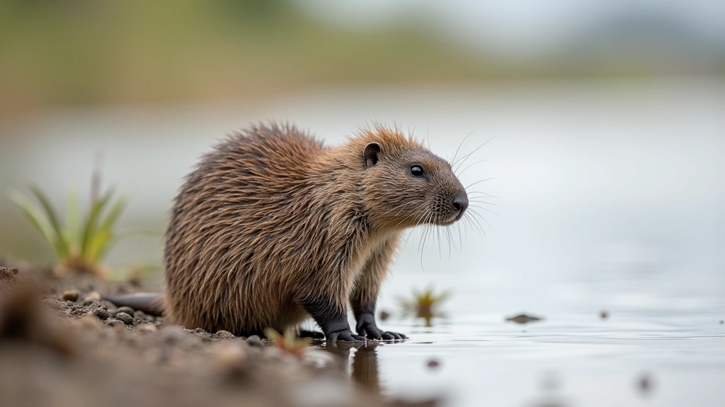 Nutria o roedor semiacuático en la orilla de la laguna, con agua de fondo