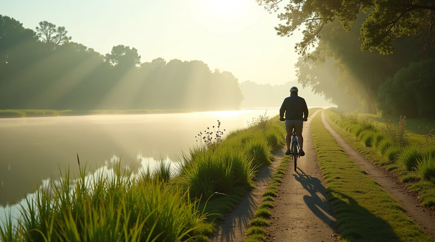 Vista panorámica de las lagunas y humedales de Chascomús con senderos para bicicleta