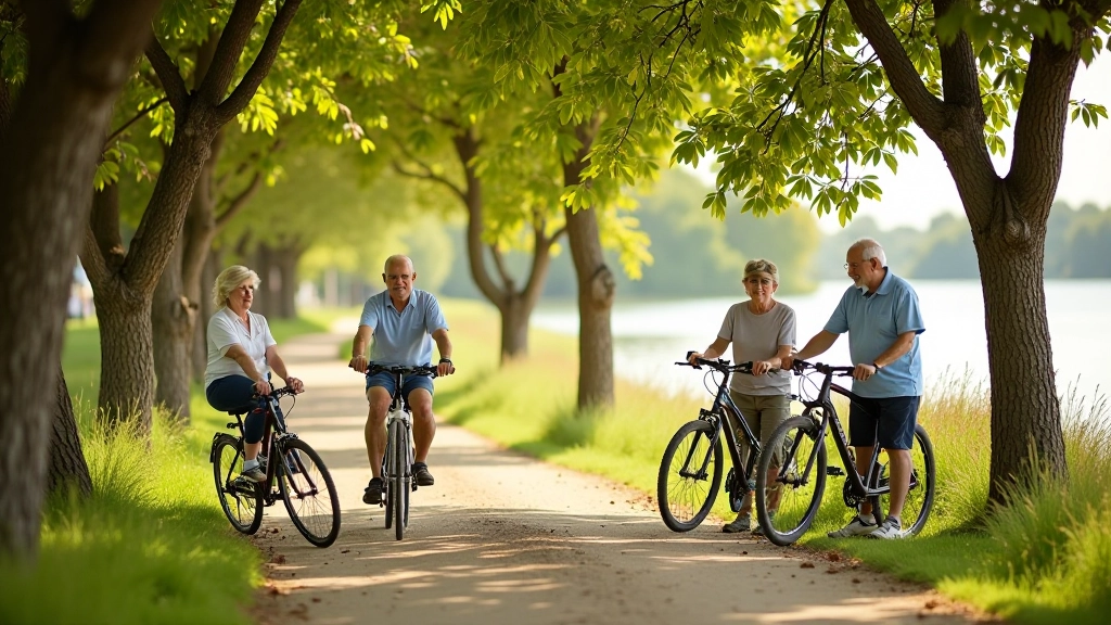 Personas mayores descansando junto a sus bicicletas en área sombreada junto a laguna con agua tranquila