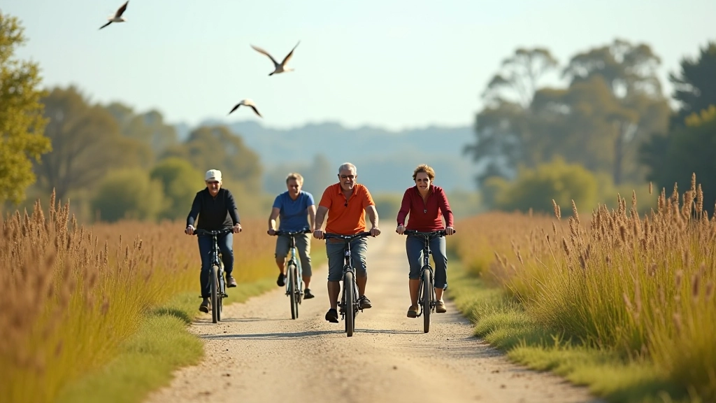Grupo de ciclistas mayores explorando los humedales