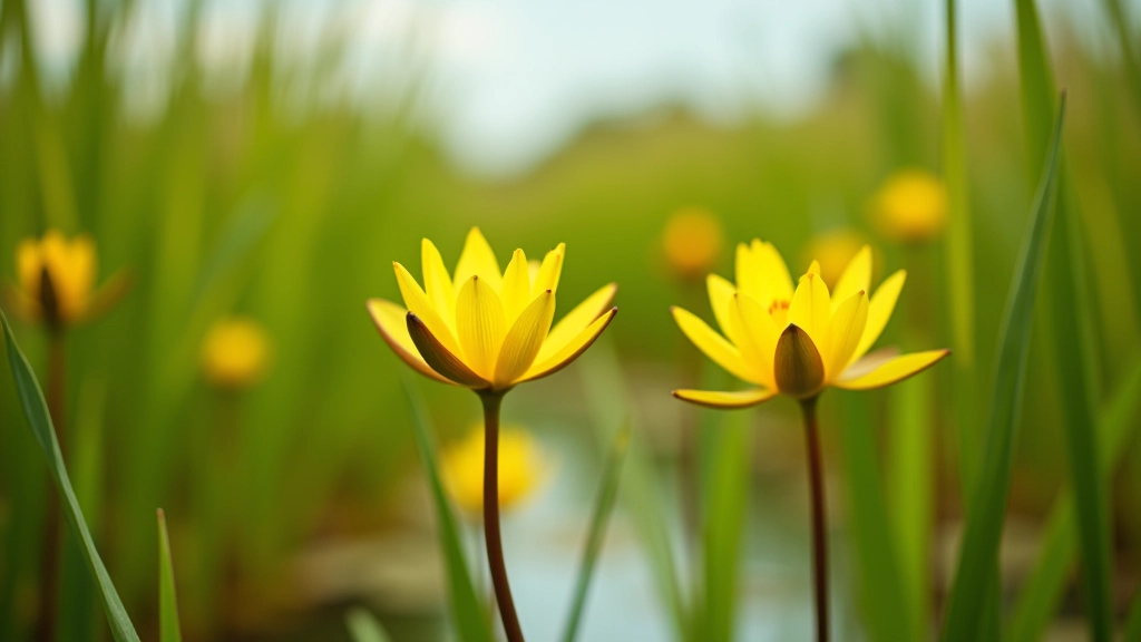 Detalle de vegetación acuática con juncos y especie de flor amarilla en los humedales de Chascomús