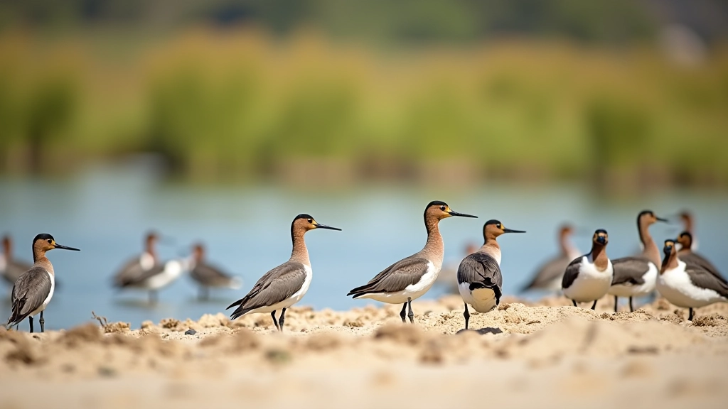Aves acuáticas descansando en banco de arena en laguna con vegetación de fondo
