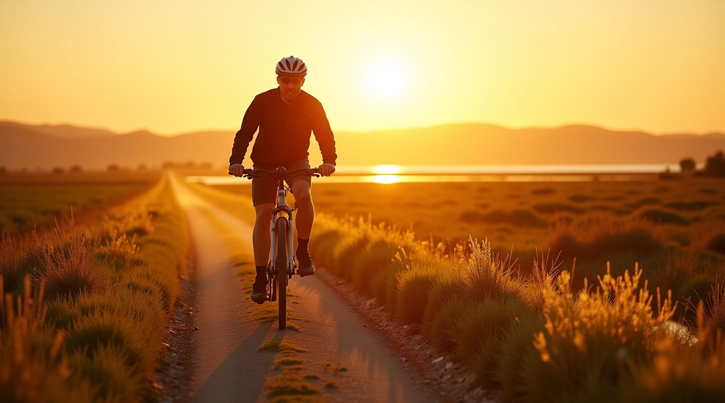 Ciclista en paisaje de lagunas y humedales de Chascomús, con vegetación acuática al atardecer